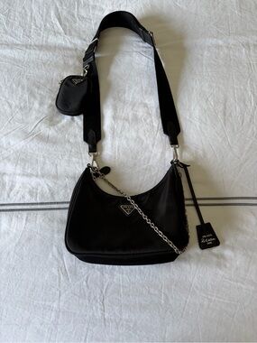 Prada Black Nylon Shoulder Bag with Chain and Strap Pouch